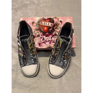 Ed Hardy Women Black Rhinestone Tattoo Print Slip On Sneakers 10SLR901W Size 8